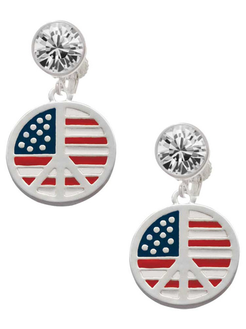Silver Plated Large Peace Sign with USA Flag - Crystal Clip on Earrings: Color Choice - Red, Green, Blue, Purple, Pink, Clear, Black