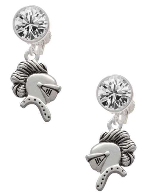 Silver Plated Knight - Mascot - Crystal Clip on Earrings: Color Choice - Red, Green, Blue, Purple, Pink, Clear, Black