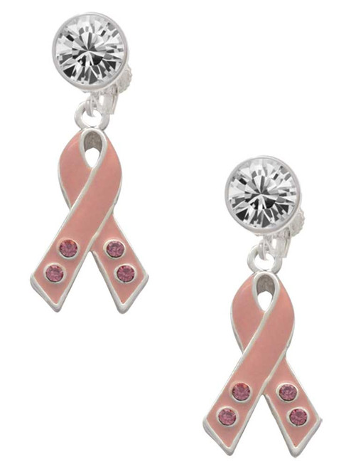 Silver Plated Large Pink Ribbon with Crystals - Crystal Clip on Earrings: Color Choice - Red, Green, Blue, Purple, Pink, Clear, Black