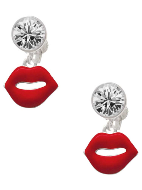 Silver Plated Red Lips - Crystal Clip on Earrings: Color Choice - Red, Green, Blue, Purple, Pink, Clear, Black
