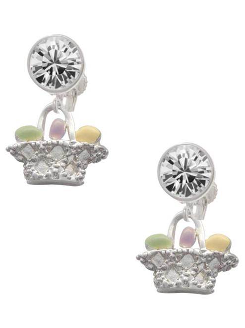 Silver Plated Easter Egg Basket - Crystal Clip on Earrings: Color Choice - Red, Green, Blue, Purple, Pink, Clear, Black