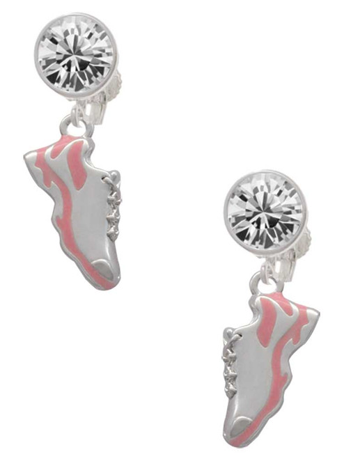 Silver Plated Pink Running Shoe - Crystal Clip on Earrings: Color Choice - Red, Green, Blue, Purple, Pink, Clear, Black