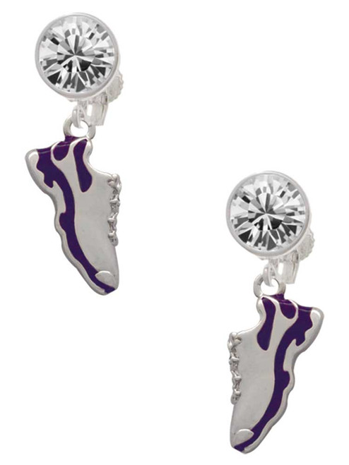 Silver Plated Purple Running Shoe - Crystal Clip on Earrings: Color Choice - Red, Green, Blue, Purple, Pink, Clear, Black