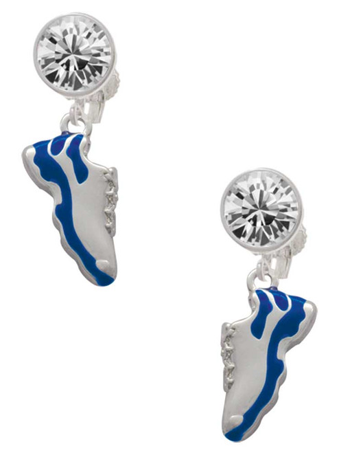 Silver Plated Blue Running Shoe - Crystal Clip on Earrings: Color Choice - Red, Green, Blue, Purple, Pink, Clear, Black
