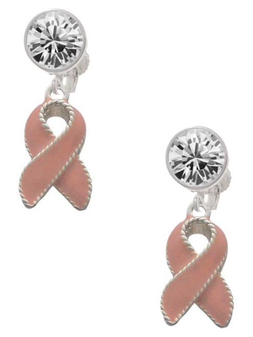Silver Plated Pink Ribbon with Stitching - Crystal Clip on Earrings: Color Choice - Red, Green, Blue, Purple, Pink, Clear, Black