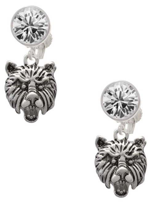 Silver Plated Small Bear - Mascot - Crystal Clip on Earrings: Color Choice - Red, Green, Blue, Purple, Pink, Clear, Black