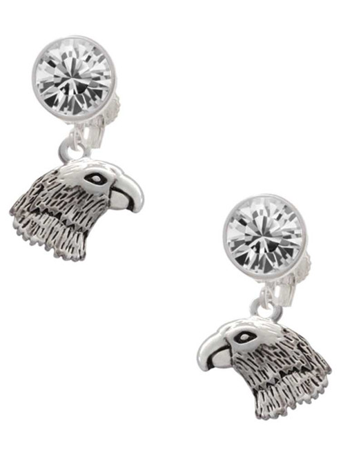 Silver Plated Small Falcon - Mascot - Crystal Clip on Earrings: Color Choice - Red, Green, Blue, Purple, Pink, Clear, Black