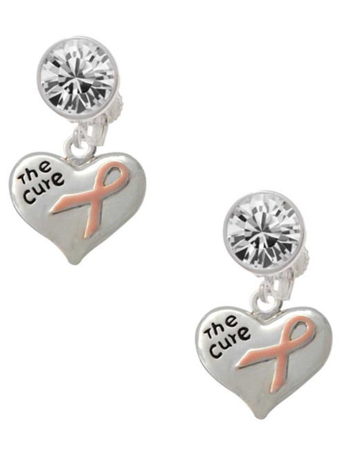 Silver Plated Small Heart with Pink Ribbon ''The Cure'' - Crystal Clip on Earrings: Color Choice - Red, Green, Blue, Purple, Pink, Clear, Black