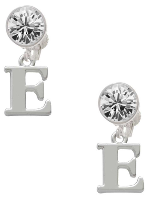 Silver Plated Large Initial - E - Crystal Clip on Earrings: Color Choice - Red, Green, Blue, Purple, Pink, Clear, Black