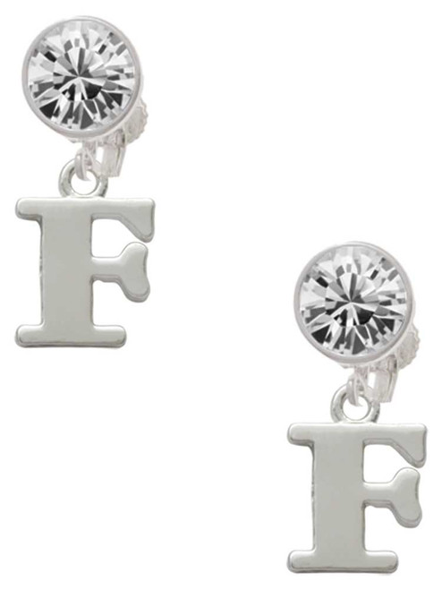 Silver Plated Large Initial - F - Crystal Clip on Earrings: Color Choice - Red, Green, Blue, Purple, Pink, Clear, Black