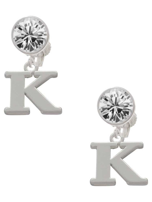 Silver Plated Large Initial - K - Crystal Clip on Earrings: Color Choice - Red, Green, Blue, Purple, Pink, Clear, Black