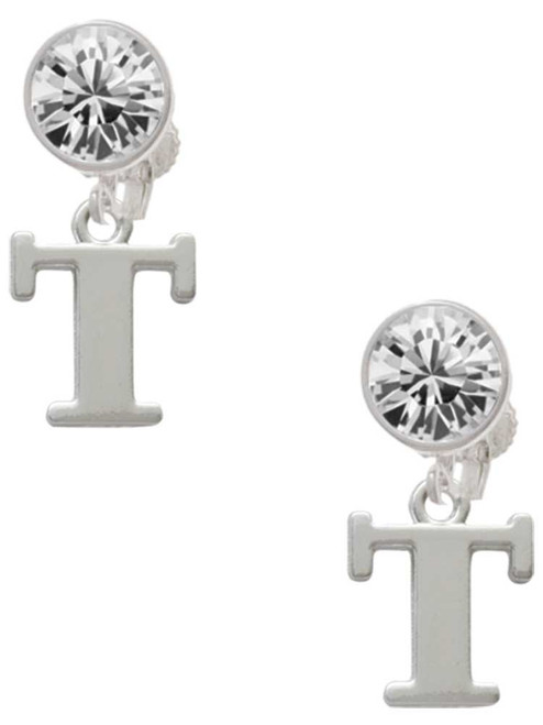Silver Plated Large Initial - T - Crystal Clip on Earrings: Color Choice - Red, Green, Blue, Purple, Pink, Clear, Black