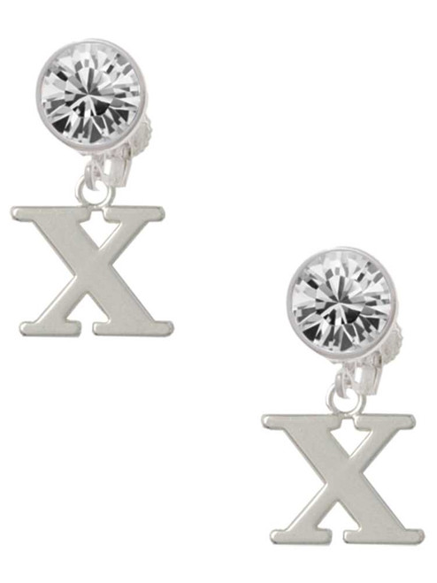 Silver Plated Large Initial - X - Crystal Clip on Earrings: Color Choice - Red, Green, Blue, Purple, Pink, Clear, Black