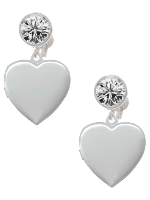 Silver Plated Heart Locket - Crystal Clip on Earrings: Color Choice - Red, Green, Blue, Purple, Pink, Clear, Black