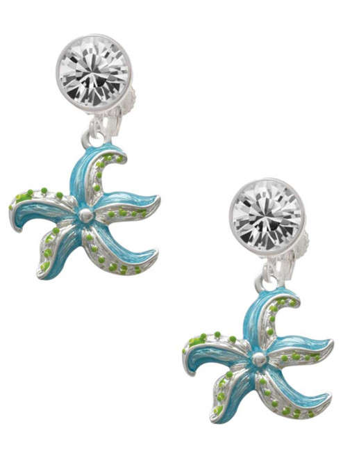 Silver Plated Hot Blue Starfish - Crystal Clip on Earrings: Color Choice - Red, Green, Blue, Purple, Pink, Clear, Black