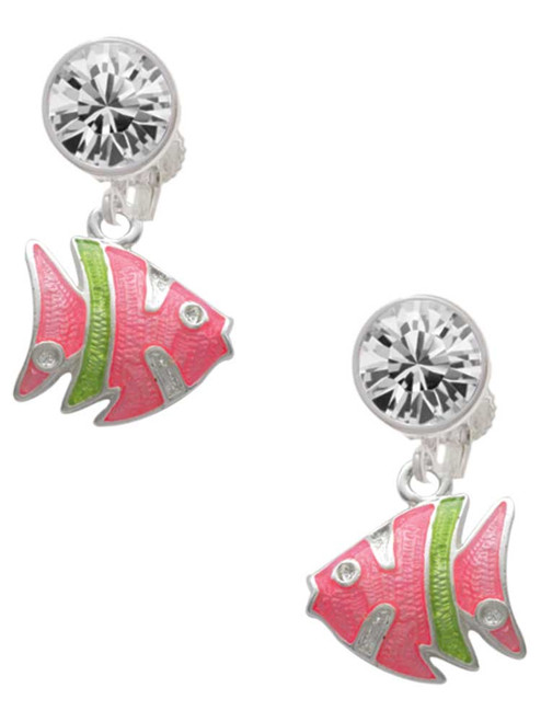 Silver Plated Hot Pink Tropical Fish with Lime Green Stripe - Crystal Clip on Earrings: Color Choice - Red, Green, Blue, Purple, Pink, Clear, Black