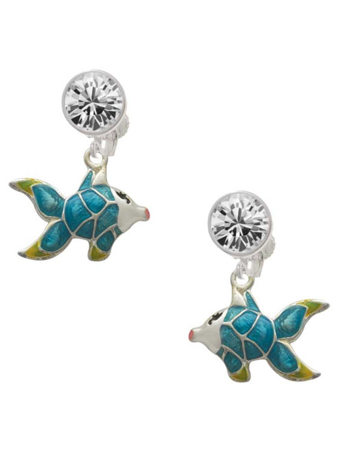 Silver Plated Blue Tropical Fish with Yellow Fins - Crystal Clip on Earrings: Color Choice - Red, Green, Blue, Purple, Pink, Clear, Black