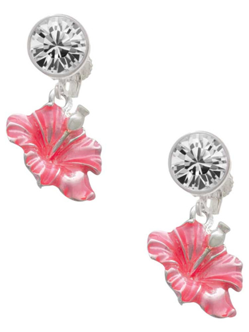Silver Plated Hot Pink Hibiscus Flower - Crystal Clip on Earrings: Color Choice - Red, Green, Blue, Purple, Pink, Clear, Black
