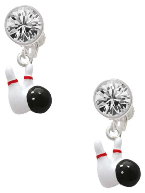 Silver Plated Bowling Pins with Bowling Ball - Crystal Clip on Earrings: Color Choice - Red, Green, Blue, Purple, Pink, Clear, Black