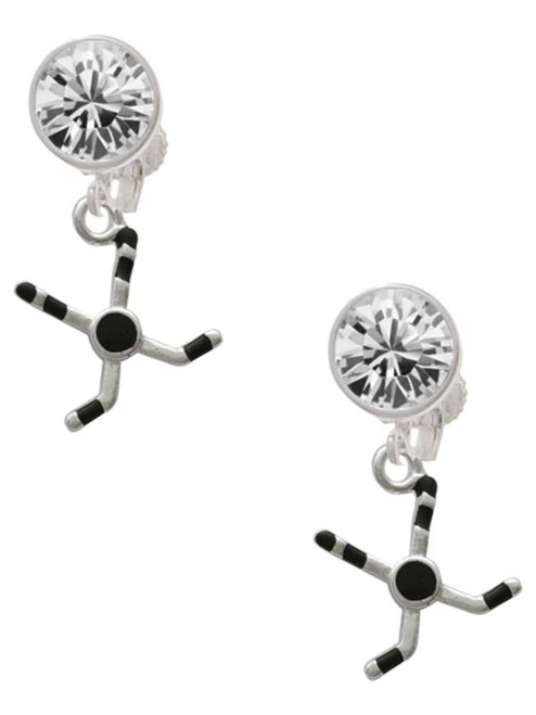 Silver Plated Hockey Sticks with Puck - Crystal Clip on Earrings: Color Choice - Red, Green, Blue, Purple, Pink, Clear, Black