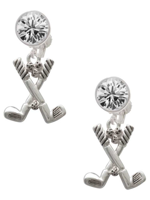 Silver Plated Golf Clubs with Golf Ball - Crystal Clip on Earrings: Color Choice - Red, Green, Blue, Purple, Pink, Clear, Black