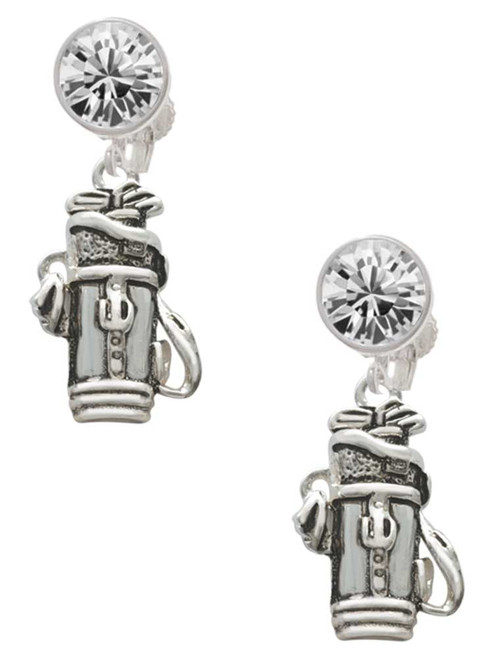 Silver Plated Golf Club Bag - Crystal Clip on Earrings: Color Choice - Red, Green, Blue, Purple, Pink, Clear, Black