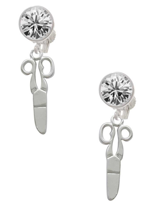 Silver Plated Scissors - Crystal Clip on Earrings: Color Choice - Red, Green, Blue, Purple, Pink, Clear, Black