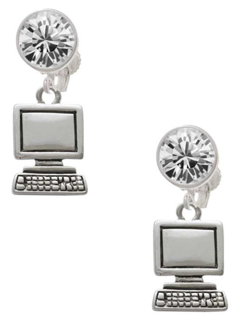 Silver Plated Computer - Crystal Clip on Earrings: Color Choice - Red, Green, Blue, Purple, Pink, Clear, Black