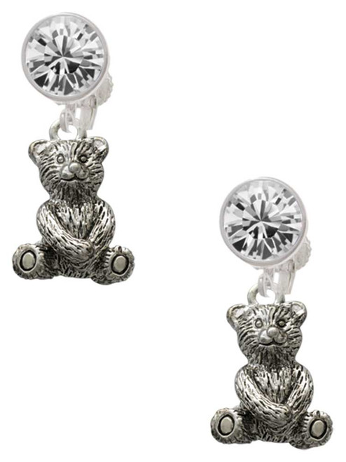 Silver Plated Teddy Bear - Crystal Clip on Earrings: Color Choice - Red, Green, Blue, Purple, Pink, Clear, Black