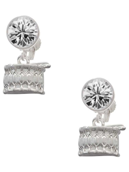 Silver Plated Drum - Crystal Clip on Earrings: Color Choice - Red, Green, Blue, Purple, Pink, Clear, Black
