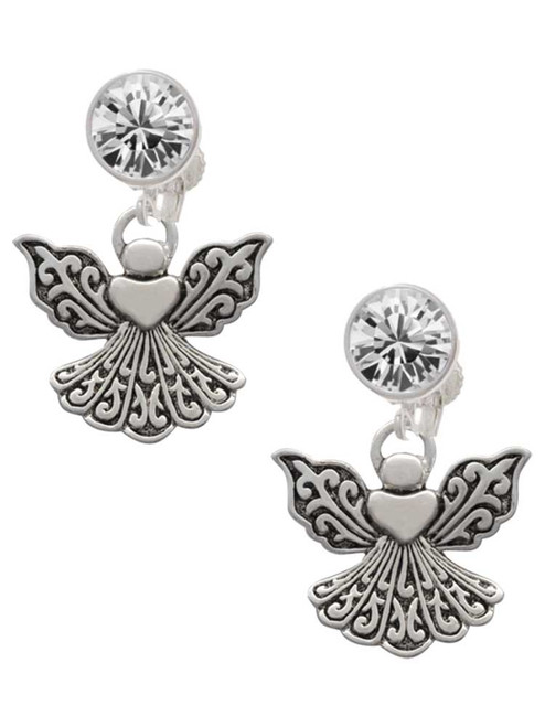 Silver Plated Angel with Heart - Crystal Clip on Earrings: Color Choice - Red, Green, Blue, Purple, Pink, Clear, Black