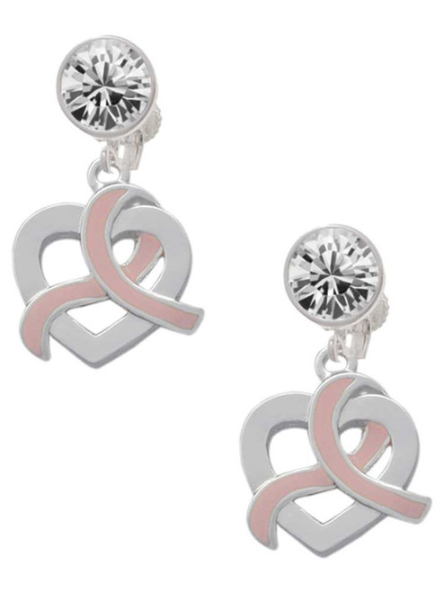 Silver Plated Heart Outline Looping Pink Ribbon - Crystal Clip on Earrings: Color Choice - Red, Green, Blue, Purple, Pink, Clear, Black