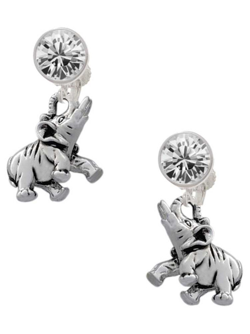 Silver Plated 3-D Elephant - Crystal Clip on Earrings: Color Choice - Red, Green, Blue, Purple, Pink, Clear, Black