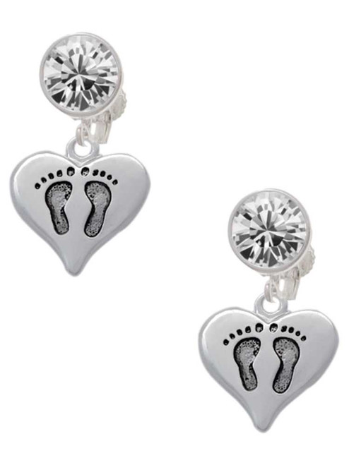 Silver Plated Heart with Baby Feet - Crystal Clip on Earrings: Color Choice - Red, Green, Blue, Purple, Pink, Clear, Black