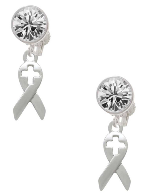 Silver Plated Ribbon with Cross Cutout - Crystal Clip on Earrings: Color Choice - Red, Green, Blue, Purple, Pink, Clear, Black