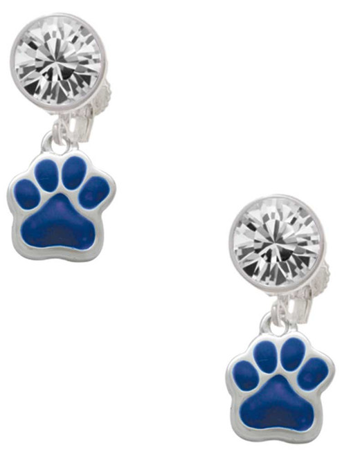 Silver Plated Small Royal Blue Paw - Crystal Clip on Earrings: Color Choice - Red, Green, Blue, Purple, Pink, Clear, Black