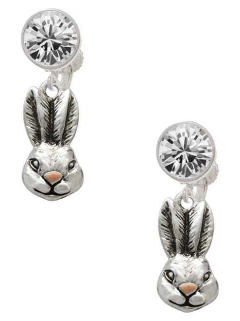 Silver Plated Antiqued Bunny Head - Crystal Clip on Earrings: Color Choice - Red, Green, Blue, Purple, Pink, Clear, Black