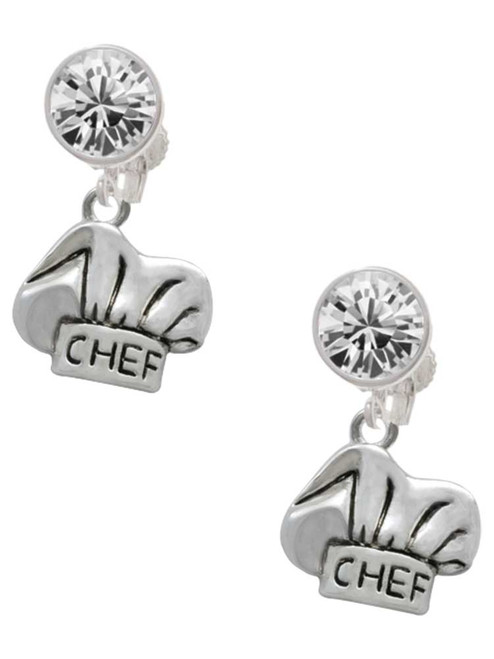 Silver Plated Chef Hat - Crystal Clip on Earrings: Color Choice - Red, Green, Blue, Purple, Pink, Clear, Black