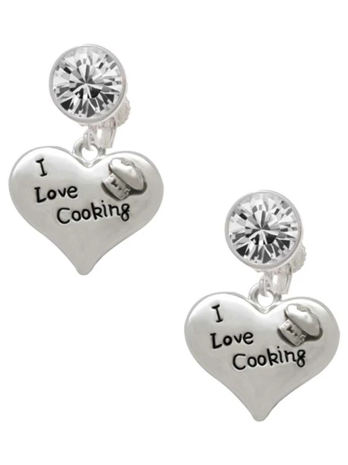 Silver Plated I love Cooking Heart with Chef Hat - Crystal Clip on Earrings: Color Choice - Red, Green, Blue, Purple, Pink, Clear, Black