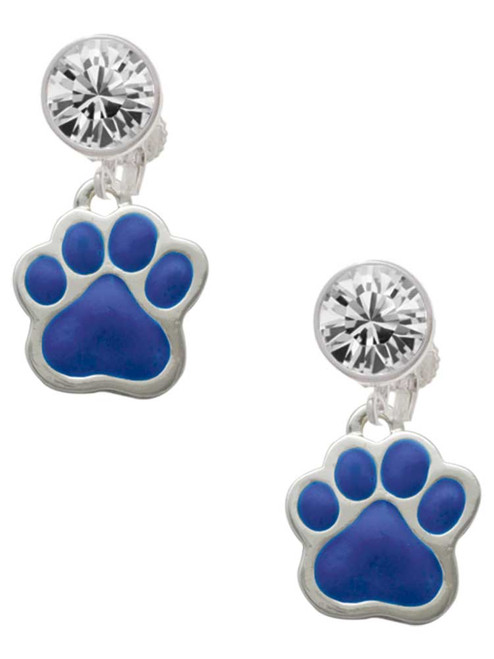 Silver Plated Large Royal Blue Paw - Crystal Clip on Earrings: Color Choice - Red, Green, Blue, Purple, Pink, Clear, Black
