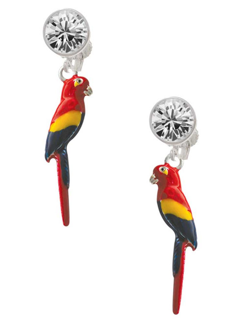 Silver Plated 3-D Enamel Parrot - Crystal Clip on Earrings: Color Choice - Red, Green, Blue, Purple, Pink, Clear, Black
