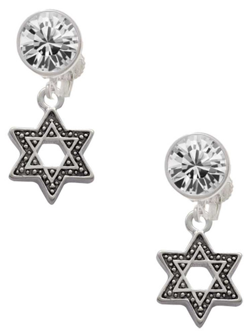 Silver Plated Star of David with Beaded Border - Crystal Clip on Earrings: Color Choice - Red, Green, Blue, Purple, Pink, Clear, Black