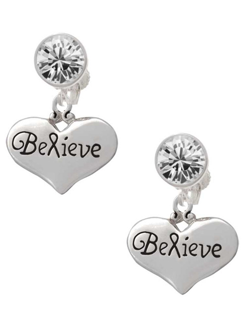 Silver Plated Large Believe with Ribbon Heart - Crystal Clip on Earrings: Color Choice - Red, Green, Blue, Purple, Pink, Clear, Black