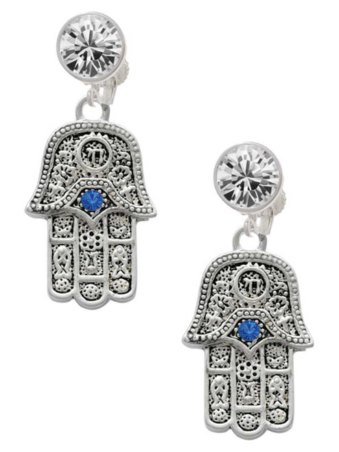 Silver Plated Hamsa Hand with Blue Crystal - Crystal Clip on Earrings: Color Choice - Red, Green, Blue, Purple, Pink, Clear, Black