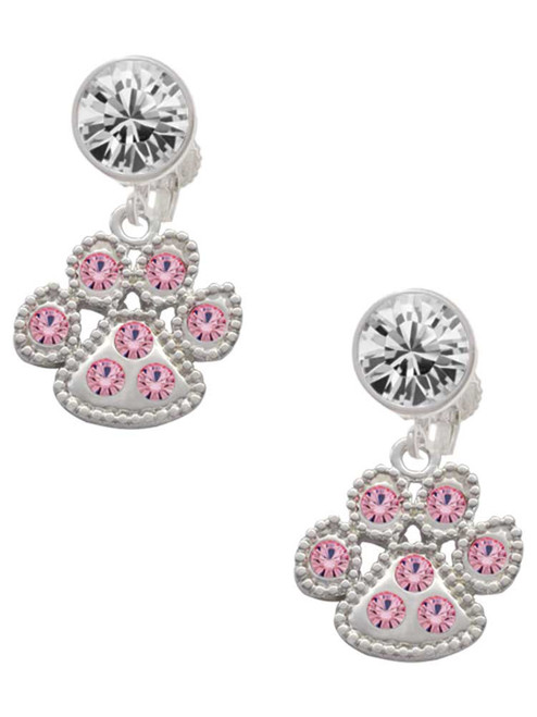 Silver Plated Large Paw with Light Pink Crystals - Crystal Clip on Earrings: Color Choice - Red, Green, Blue, Purple, Pink, Clear, Black