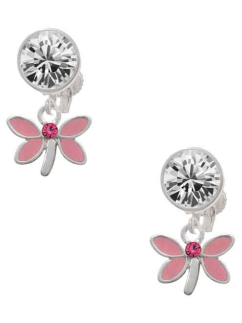 Silver Plated Pink Dragonfly with Crystal - Crystal Clip on Earrings: Color Choice - Red, Green, Blue, Purple, Pink, Clear, Black