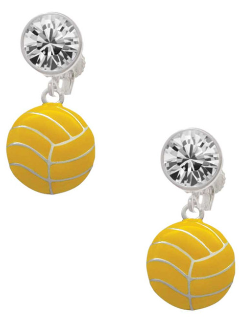 Silver Plated Large Water Polo Ball - Crystal Clip on Earrings: Color Choice - Red, Green, Blue, Purple, Pink, Clear, Black