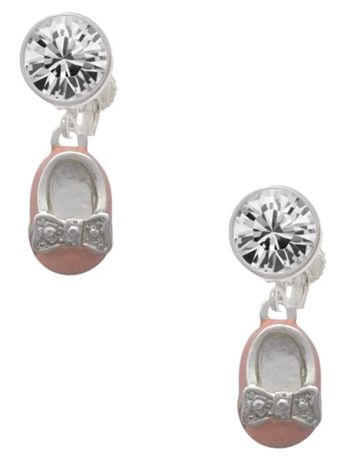 Silver Plated Pink Enamel Baby Shoe with Bow - Crystal Clip on Earrings: Color Choice - Red, Green, Blue, Purple, Pink, Clear, Black