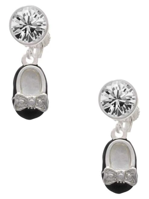 Silver Plated Black Enamel Baby Shoe with Bow - Crystal Clip on Earrings: Color Choice - Red, Green, Blue, Purple, Pink, Clear, Black