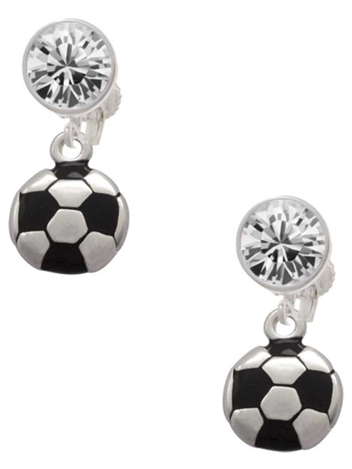 Silver Plated Soccer ball - Crystal Clip on Earrings: Color Choice - Red, Green, Blue, Purple, Pink, Clear, Black